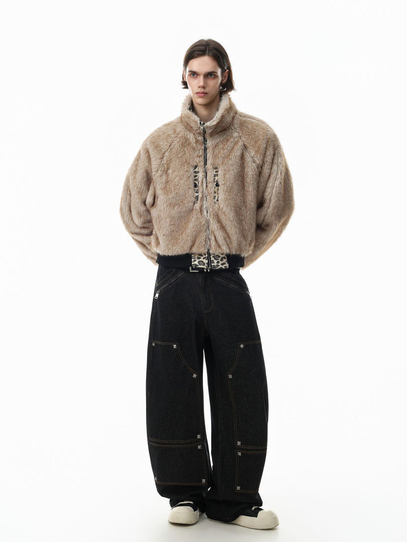 Reversible Faux Fur & Leopard Print Bomber Jacket – Oversized Retro American