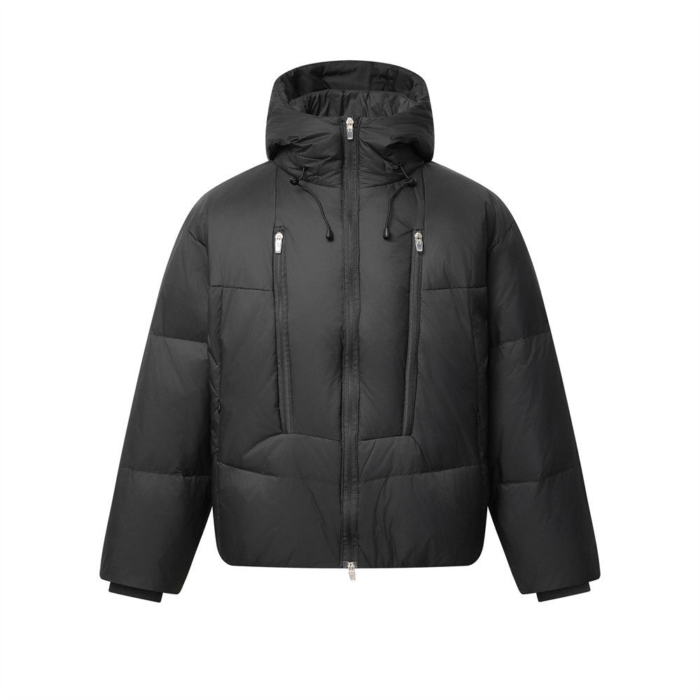 Chaquetón acolchado de plumas oversize con capucha para hombre, con panel de cremalleras múltiples en el pecho, en negro, vista frontal
