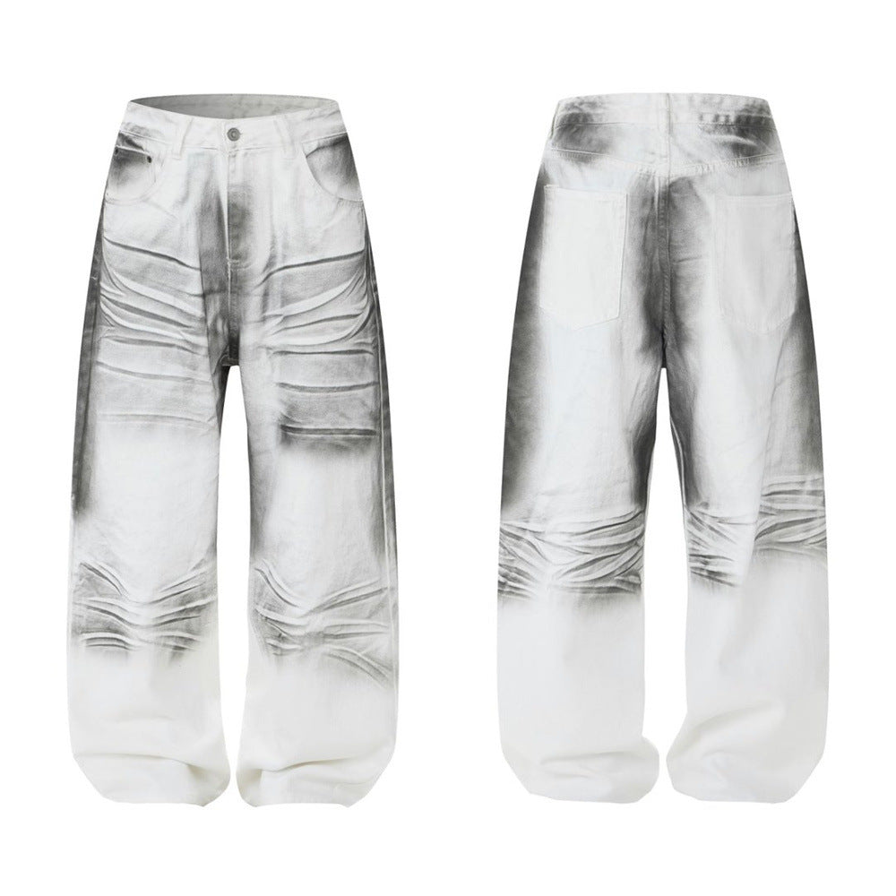 Men's white wide-leg baggy jeans with ink-wash gradient and crinkle print, front and back view