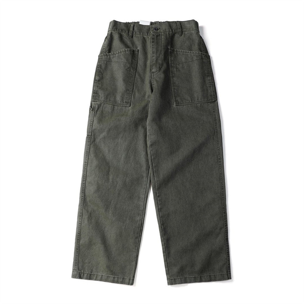 Vintage Washed Canvas Wide-Leg Utility Pants with Patch Pockets