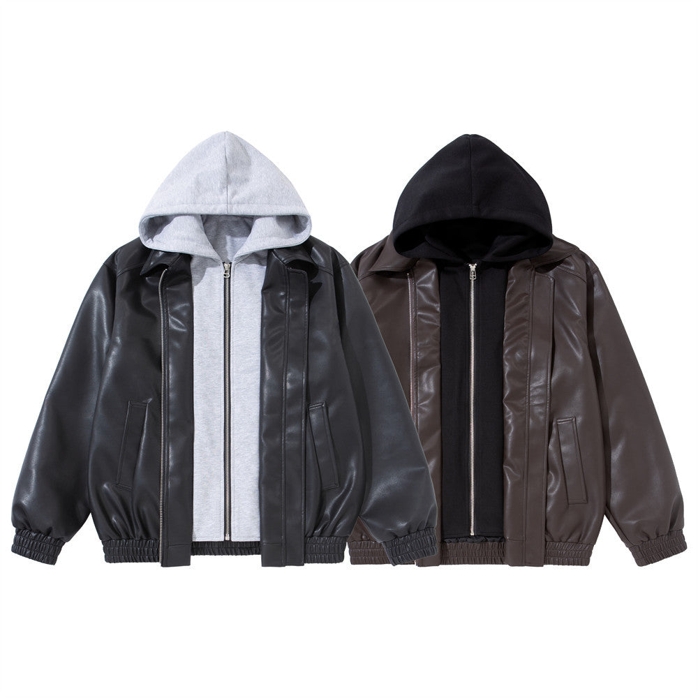 Faux Leather Hooded Bomber Jacket – Layered PU Zip-Up Oversized Coat