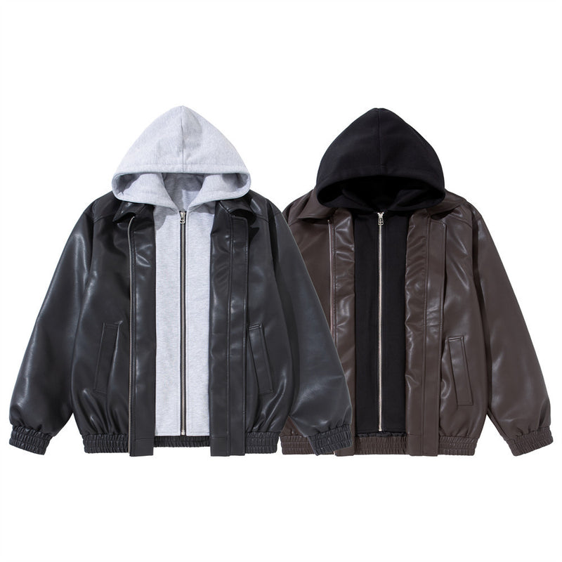 Faux Leather Hooded Bomber Jacket – Layered PU Zip-Up Oversized Coat