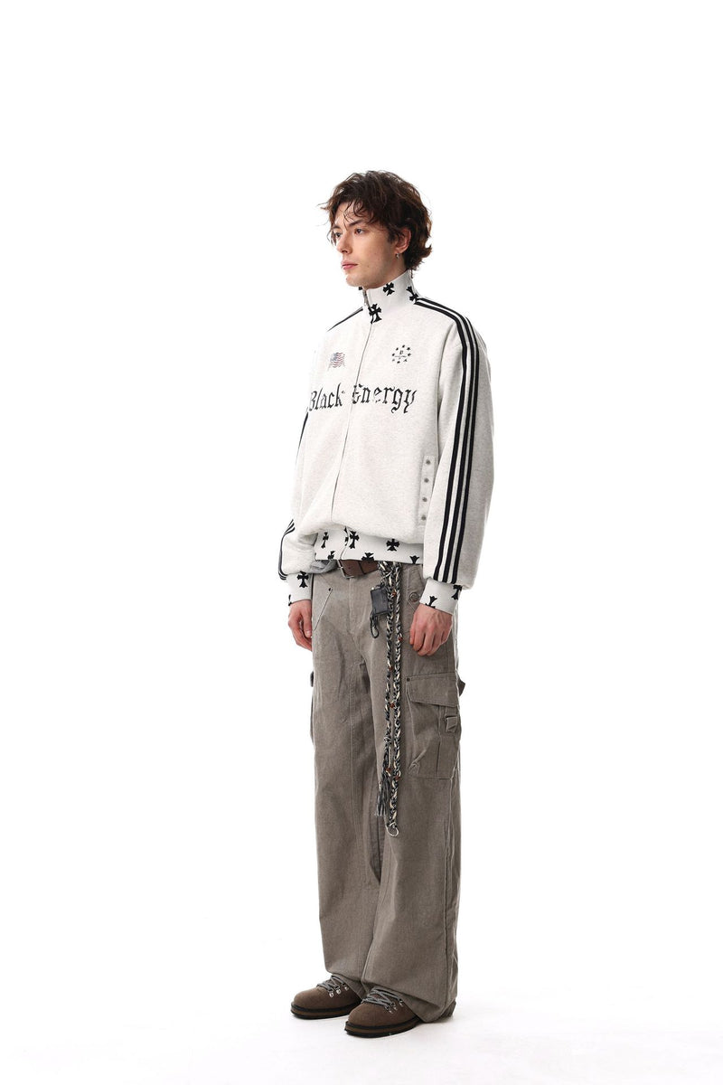 Veste de survêtement noire Black Energy à col montant et zip intégral, manches rayées et croix imprimée