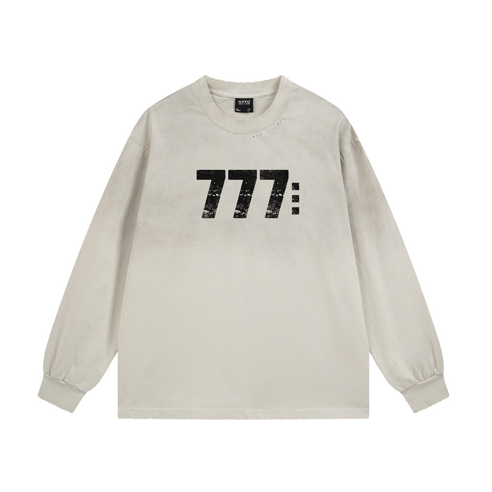 NTVG-777-Langarmshirt mit Used-Zahlenprint und Rundhalsausschnitt in Sandbeige und Marineblau