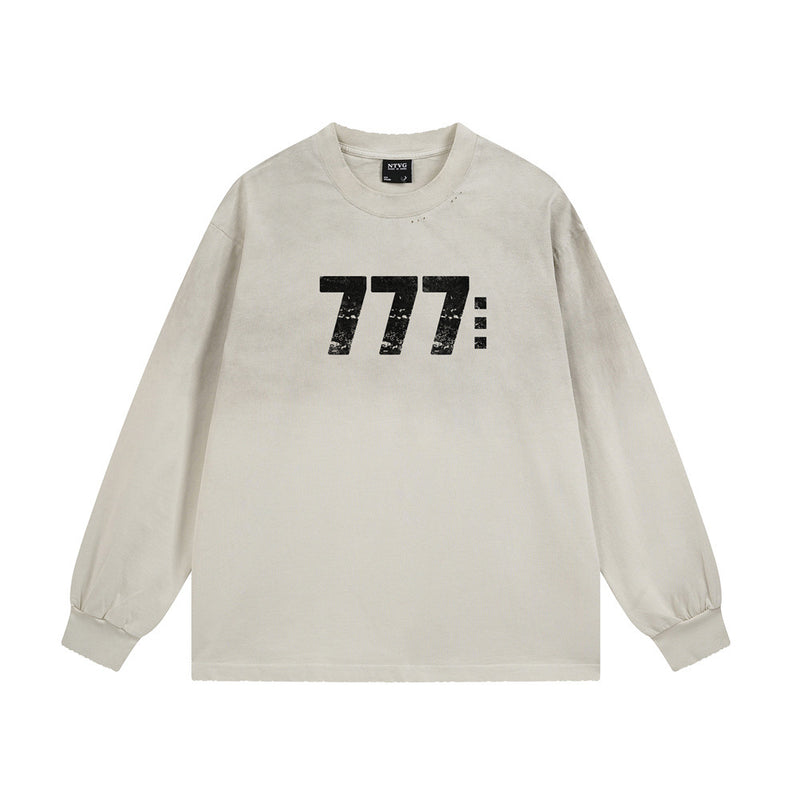 NTVG-777-Langarmshirt mit Used-Zahlenprint und Rundhalsausschnitt in Sandbeige und Marineblau