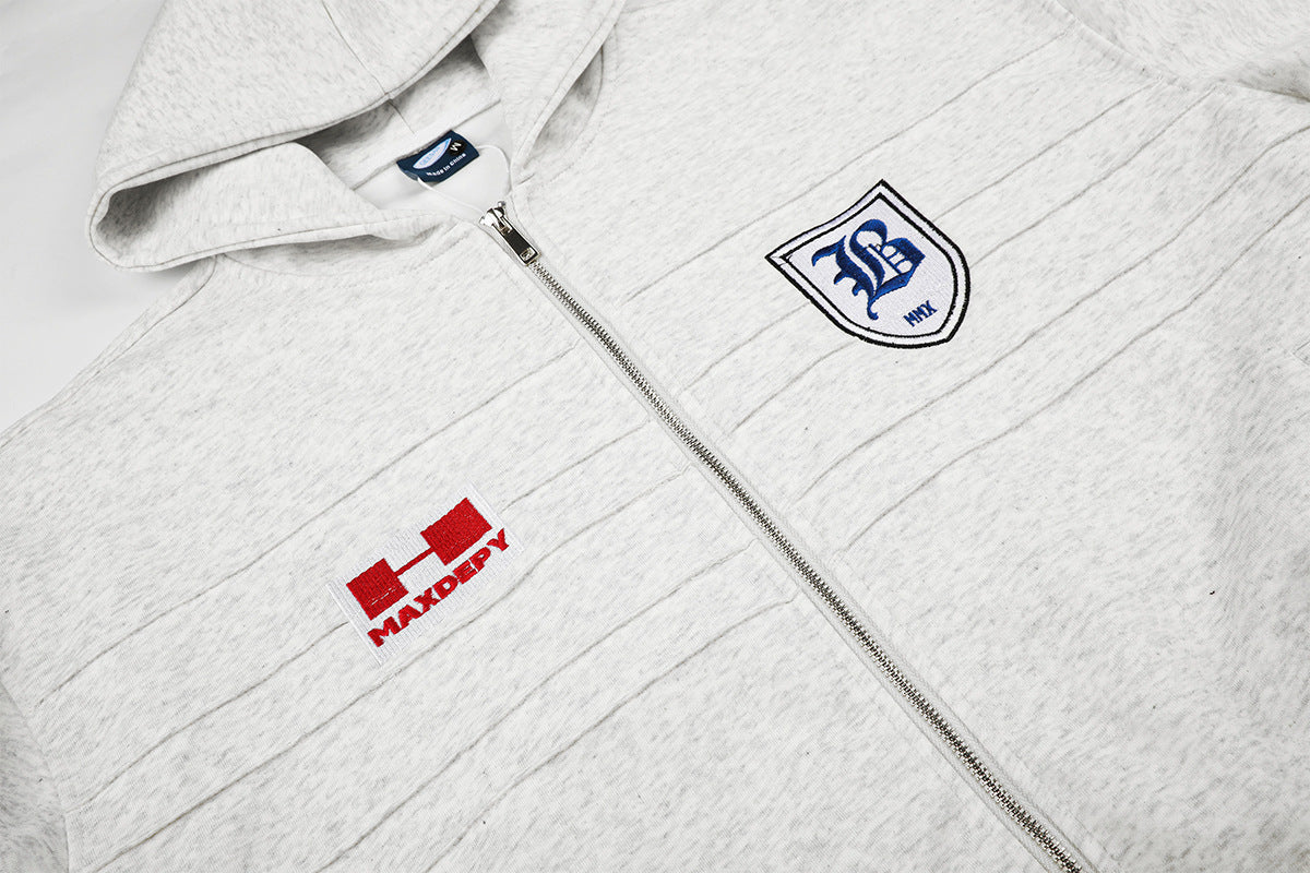 Zip-Hoodie im Vintage-Stil amerikanischer College-Mode mit bestickten Patches