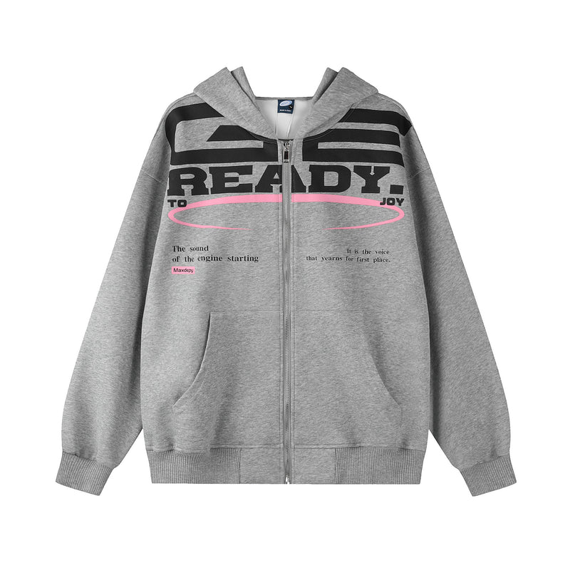 Sweat à capuche zippé oversize Ready To Joy gris chiné et noir, grand imprimé sur la poitrine et détail ovale rose