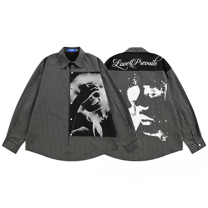 Oversized vertical stripe long sleeve shirt with dark face graphic print on front panel, shown in black and white colorways