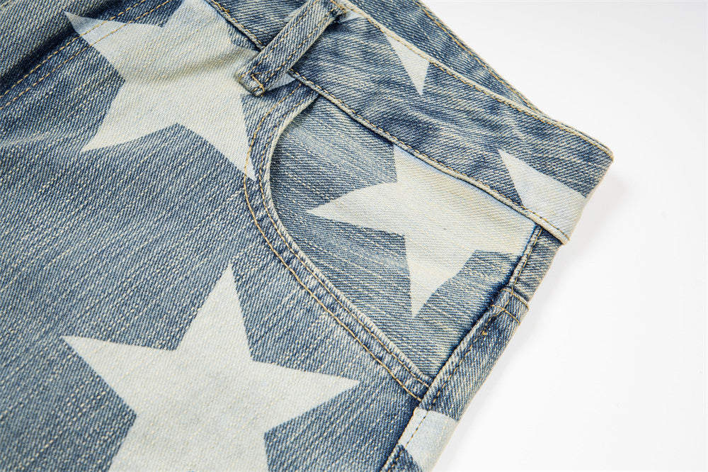All-Over Star Print Wide Leg Jeans – Vintage Wash Retro Streetwear Denim