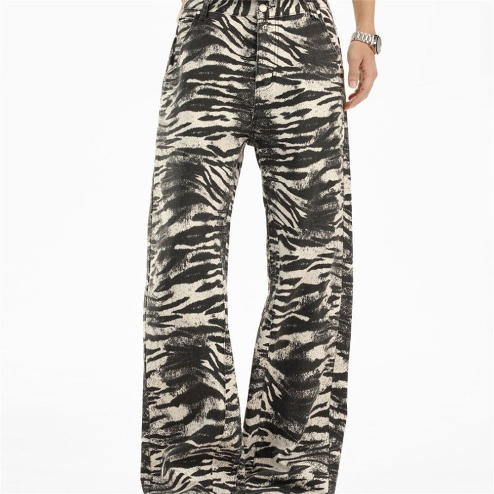 Men's wide-leg zebra print straight-fit denim jeans in black and off-white, front and back view