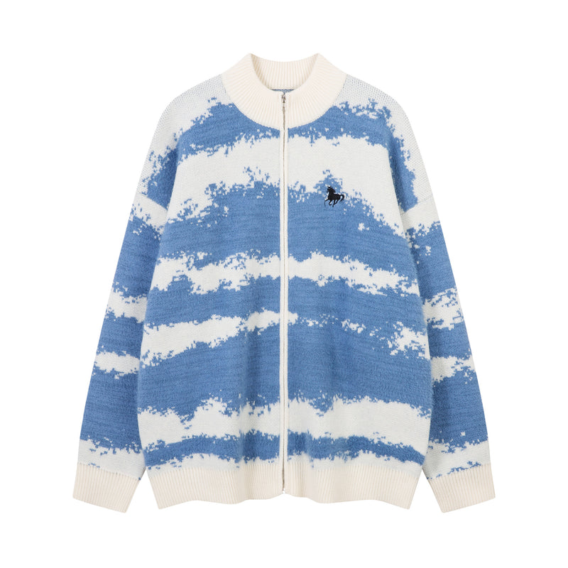 Abstract Stripe Zip-Up Knit Cardigan Sweater with Horse Logo