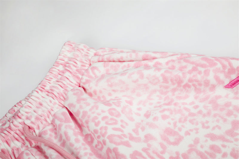Pink Leopard Print Wide-Leg Sweatpants with Letter Embroidery