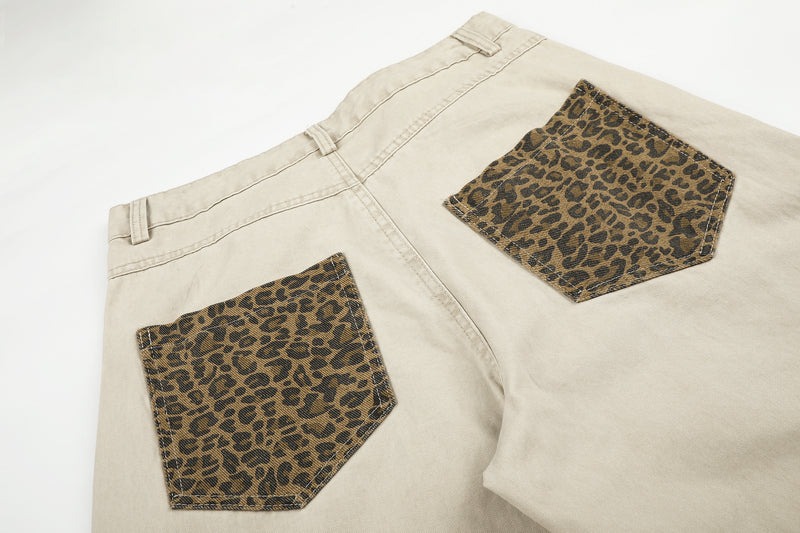 Pantalones de pierna ancha con paneles de estampado de leopardo – Pantalones banana de corte relajado