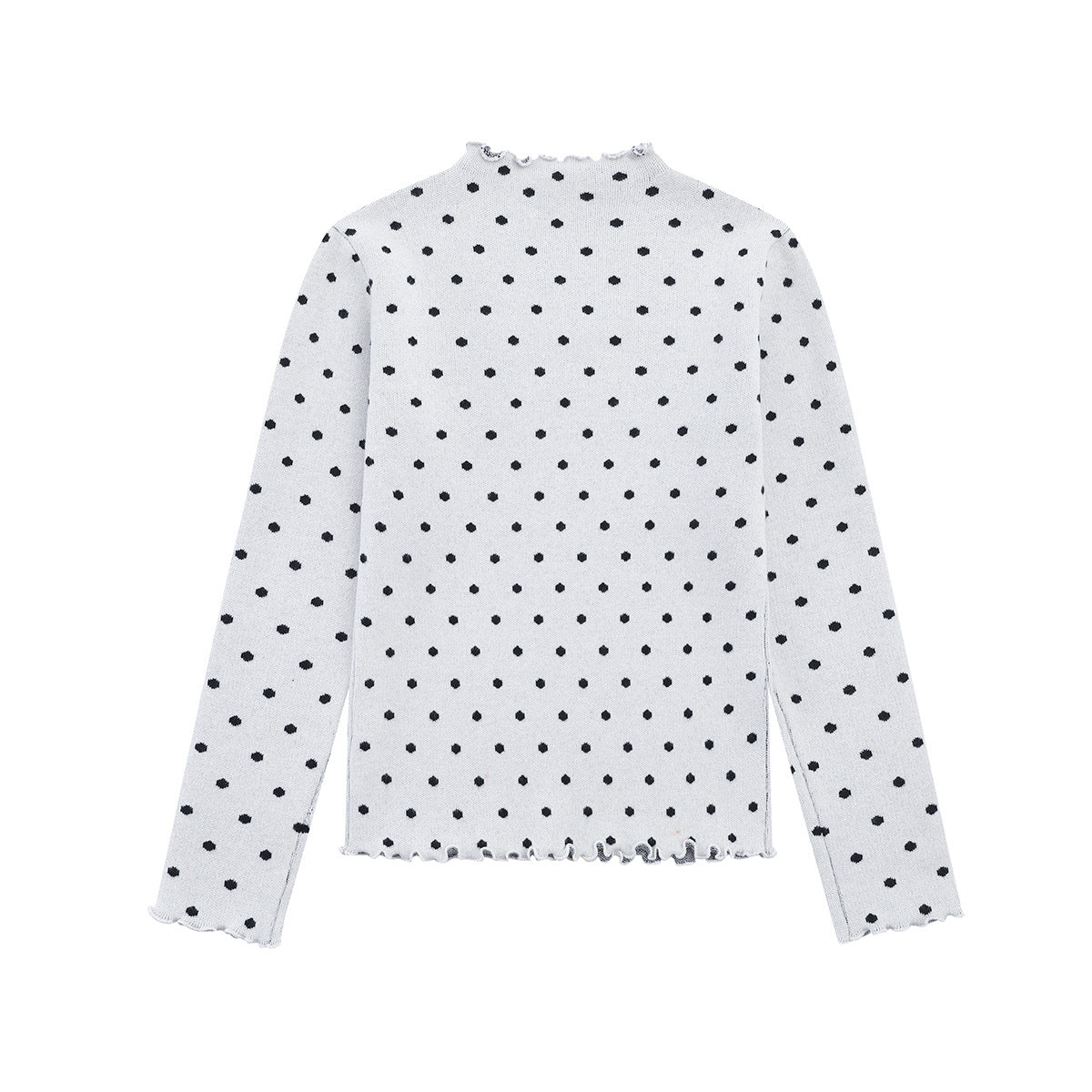 Polka Dot Mock Neck Knit Sweater Top with Cat Embroidery & Lettuce Hem