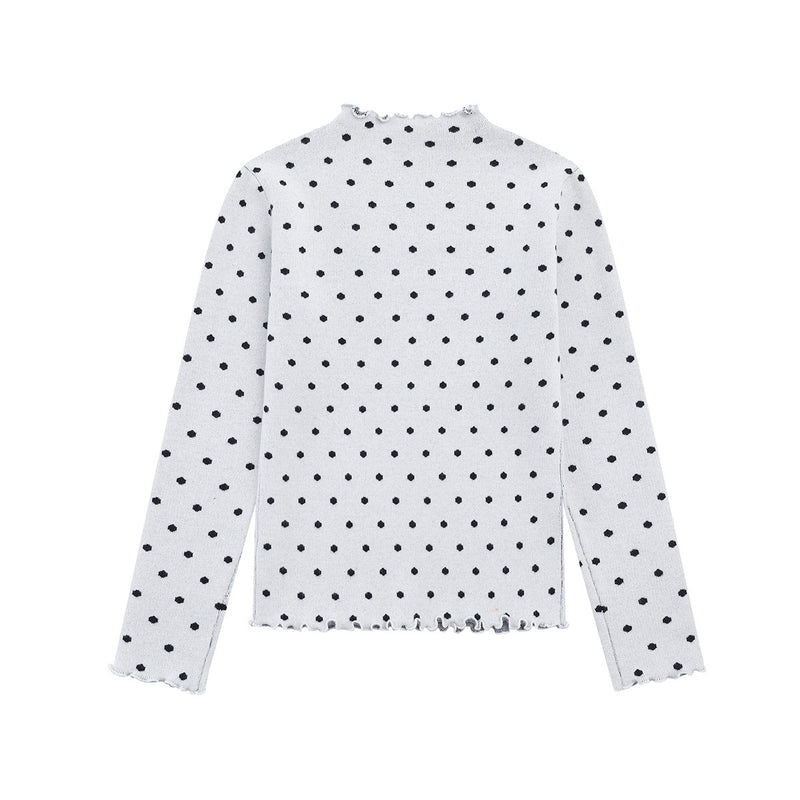 Polka Dot Mock Neck Knit Sweater Top with Cat Embroidery & Lettuce Hem