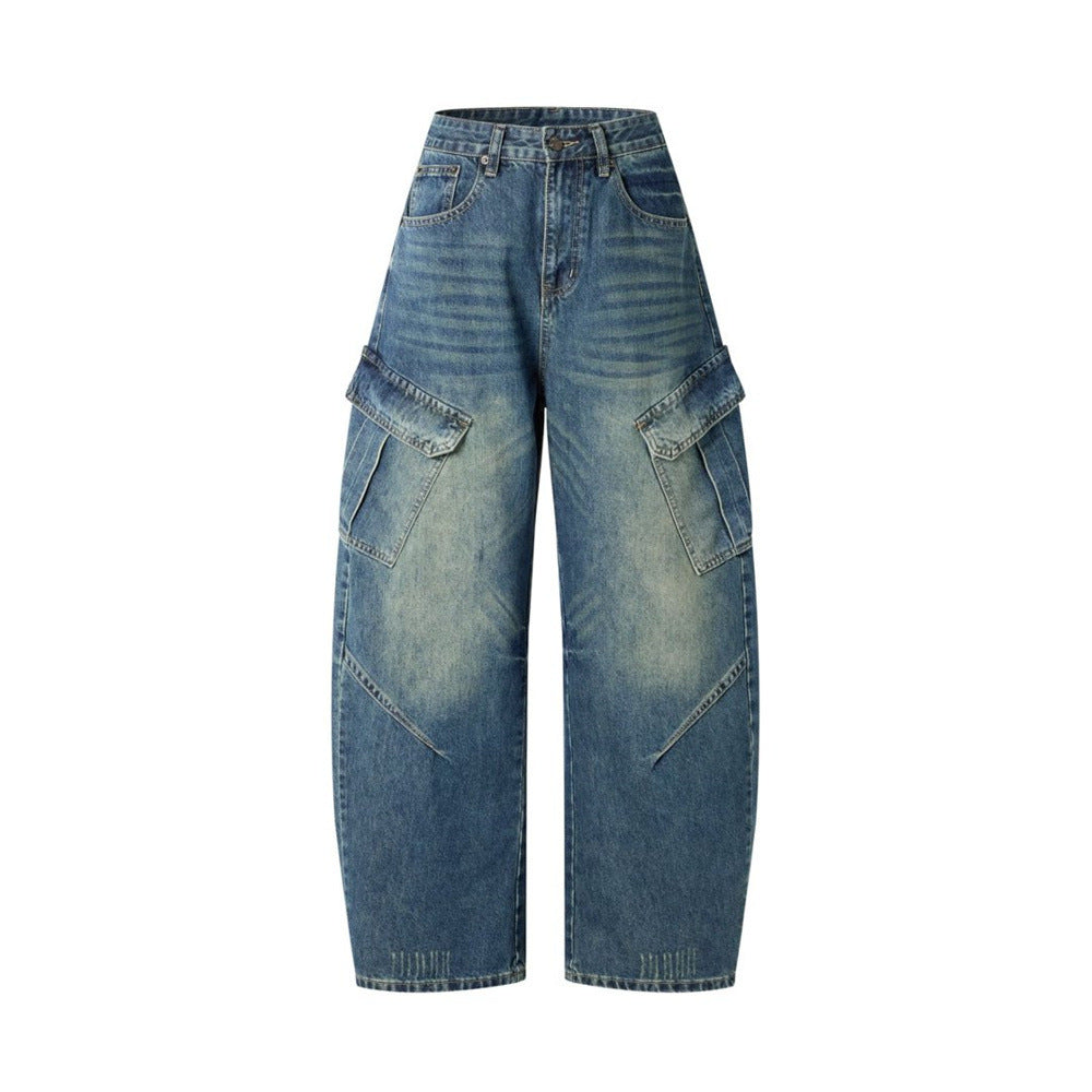 Baggy Wide-Leg Cargo Jeans – Men's Multi-Pocket Distressed Denim