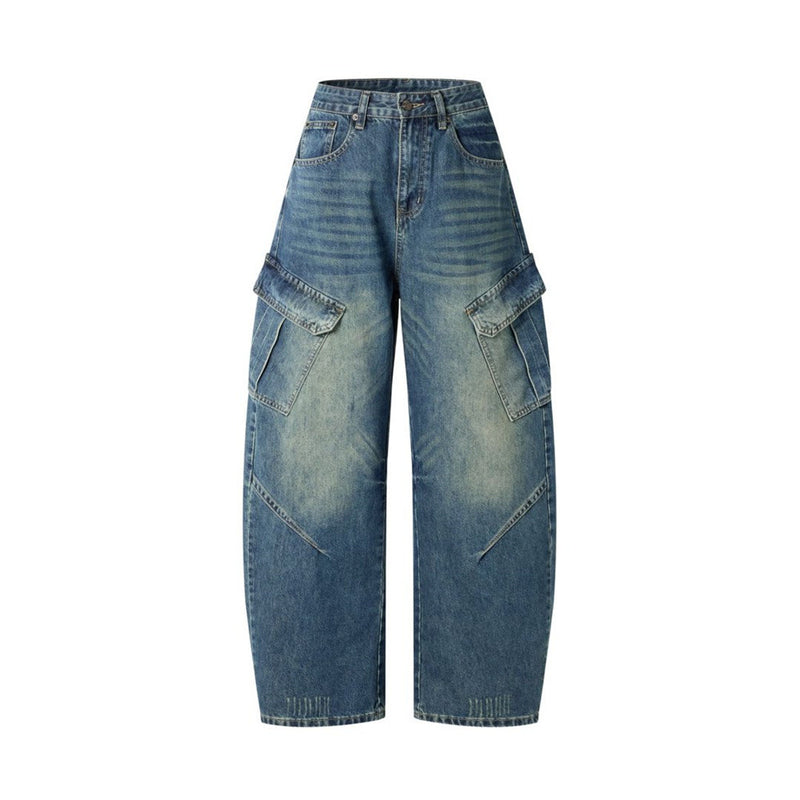 Baggy Wide-Leg Cargo Jeans – Men's Multi-Pocket Distressed Denim