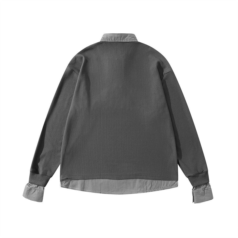 Men's Faux-Layered Polo Sweatshirt with Pearl Stud Letters and Striped Collar