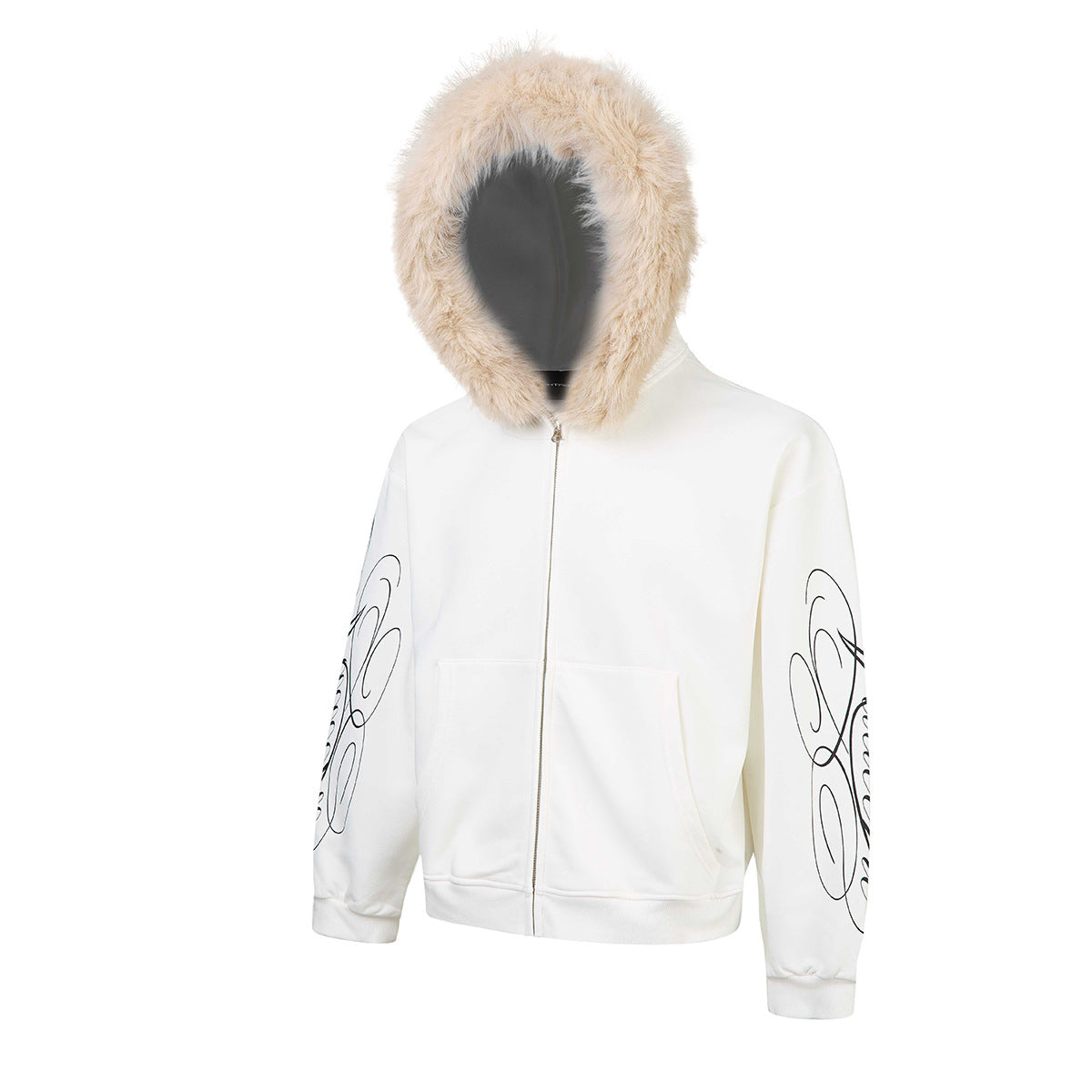 Sweat à capuche zippé avec bordure en fausse fourrure et imprimé script sur les manches