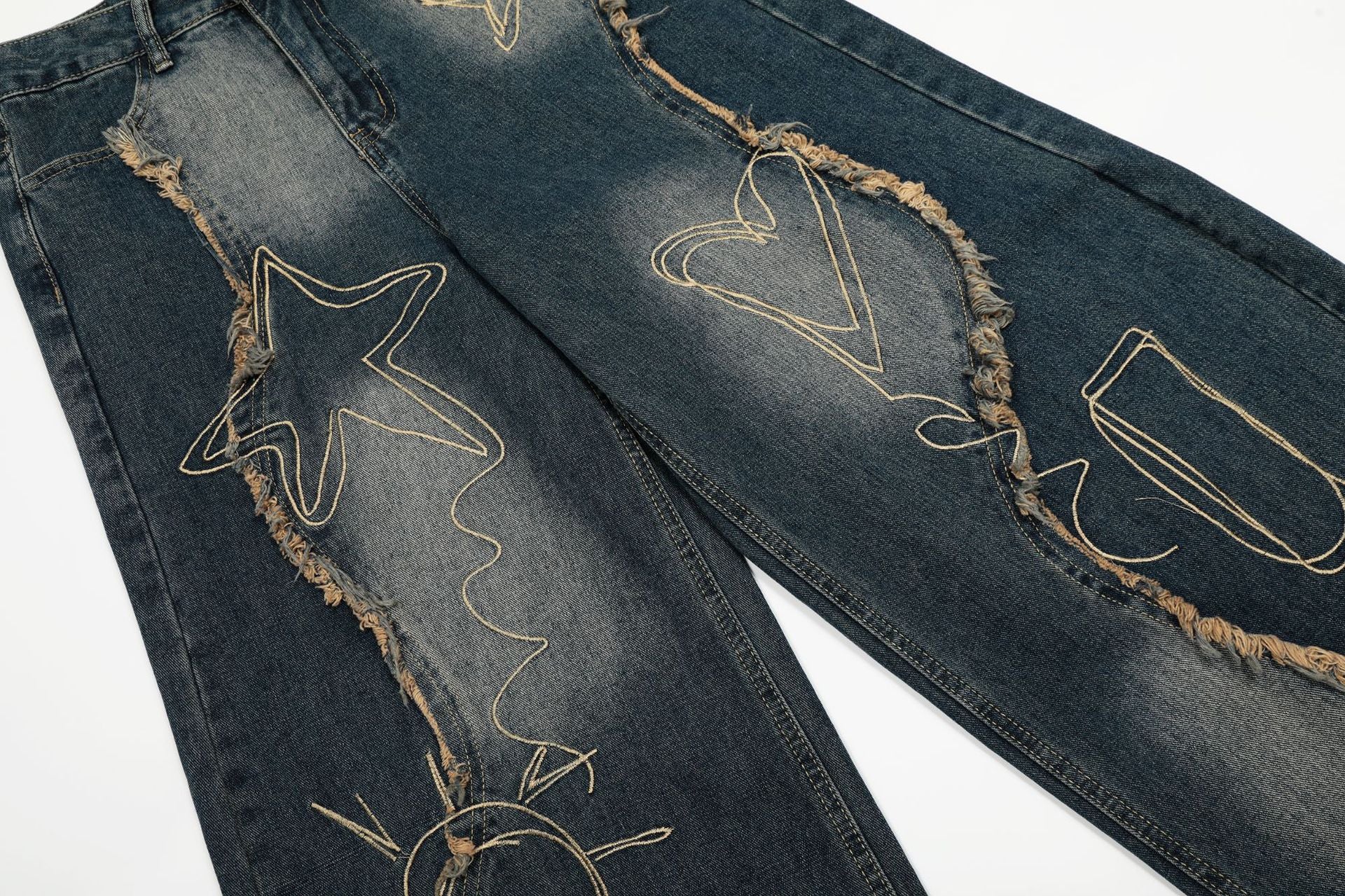 Baggy Jeans with Celestial Embroidery, Raw-Edge Seam & Wide Leg — Unisex Vintage