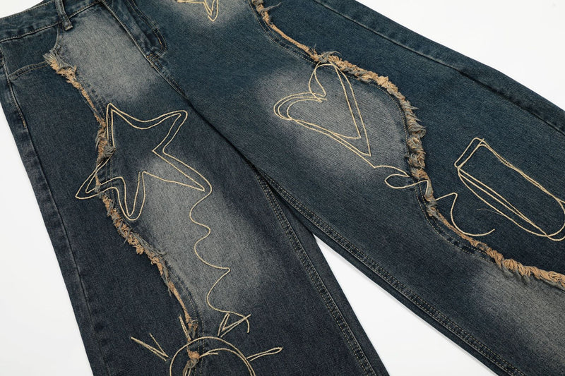 Baggy Jeans with Celestial Embroidery, Raw-Edge Seam & Wide Leg — Unisex Vintage