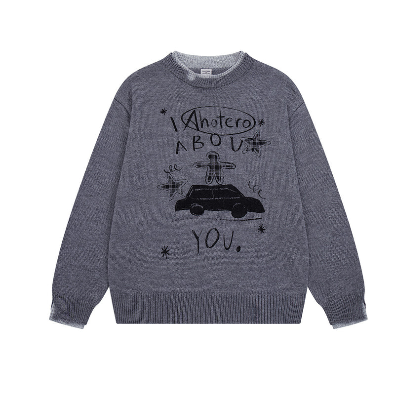 Crew Neck Graphic Knit Sweater – Retro American Campus Style