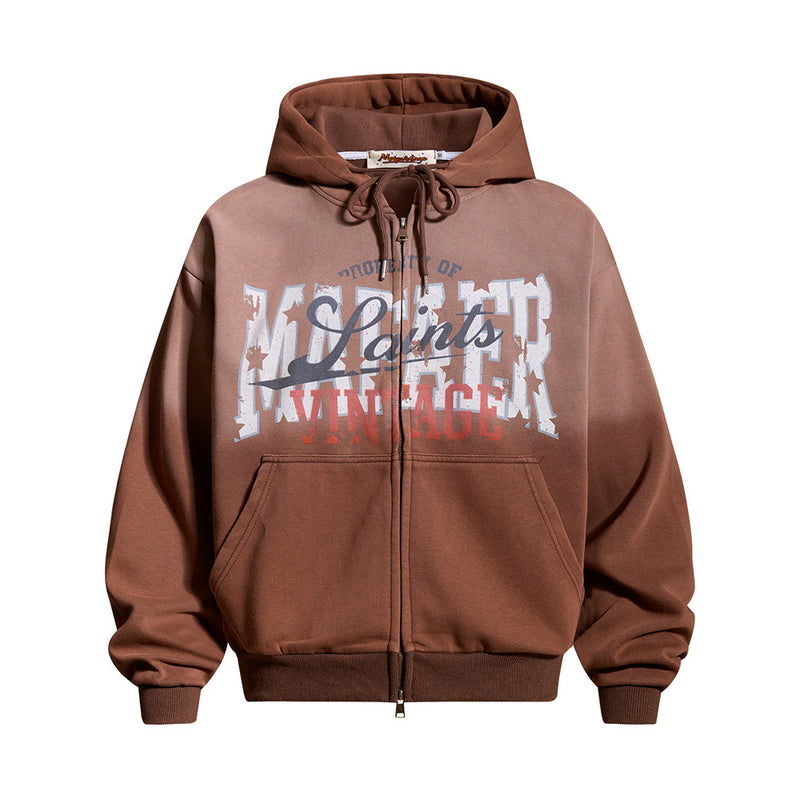 Oversized vintage graphic zip-up hoodie in brown with distressed collegiate letter print and spray-dye fading effect
