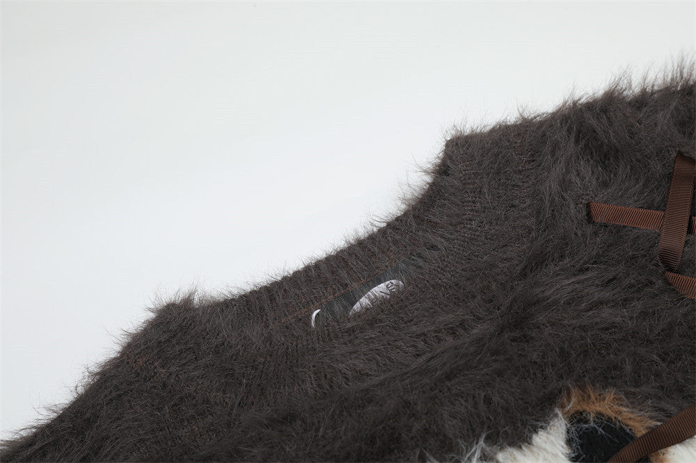 Flauschiger Jacquard-Pullover mit Rundhalsausschnitt und Schleifenbändern