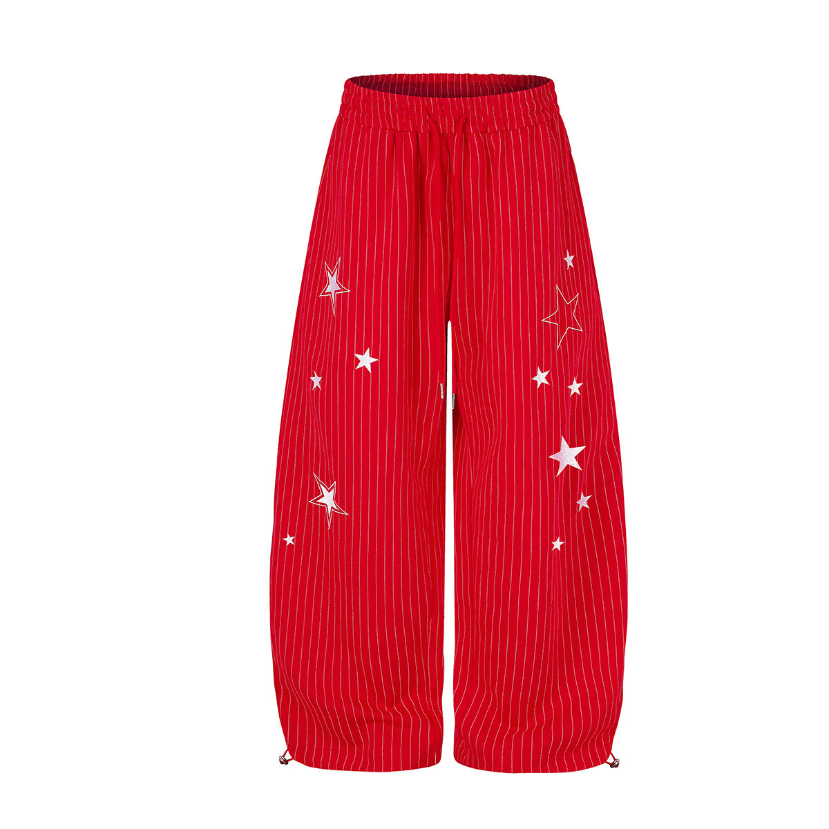 Wide leg red pinstripe pants with white star embroidery and elasticated drawstring waist