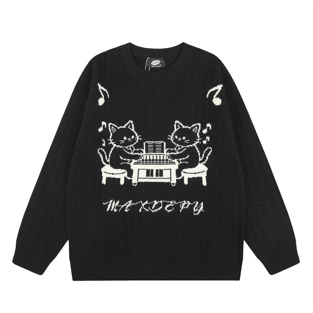Pull homme en maille jacquard chat cartoon au piano – Pull à col rond et coupe décontractée