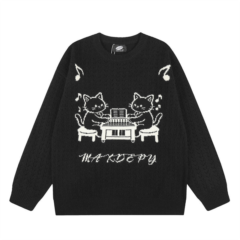 Pull homme en maille jacquard chat cartoon au piano – Pull à col rond et coupe décontractée