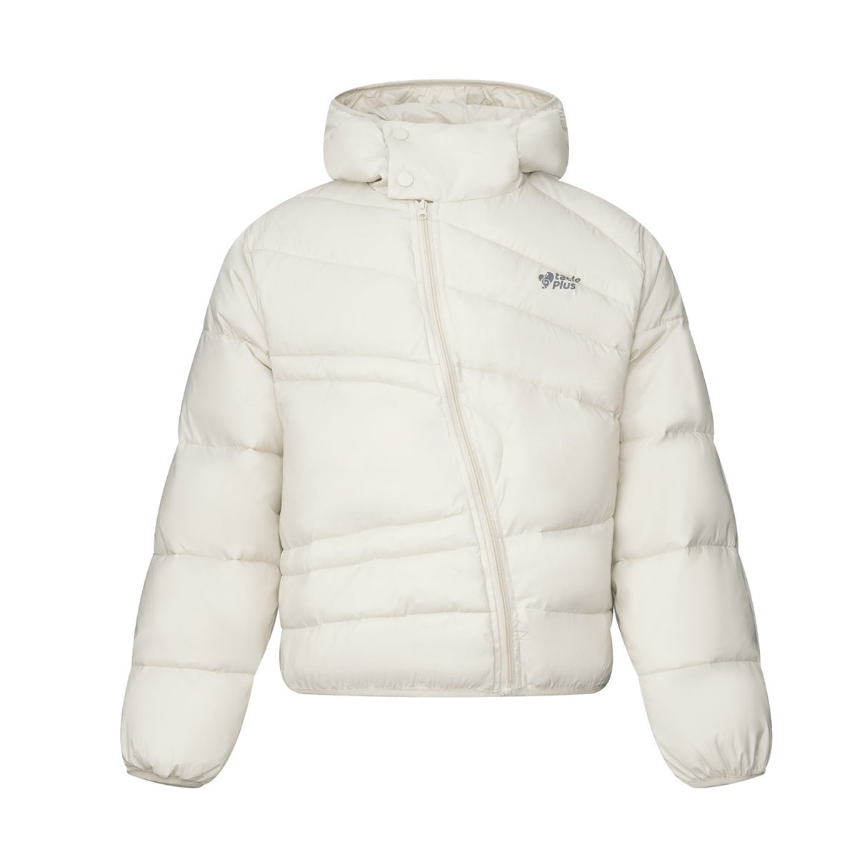 Plumífero oversize con capucha Taele Plus y costuras acolchadas diagonales, en blanco roto, vista frontal