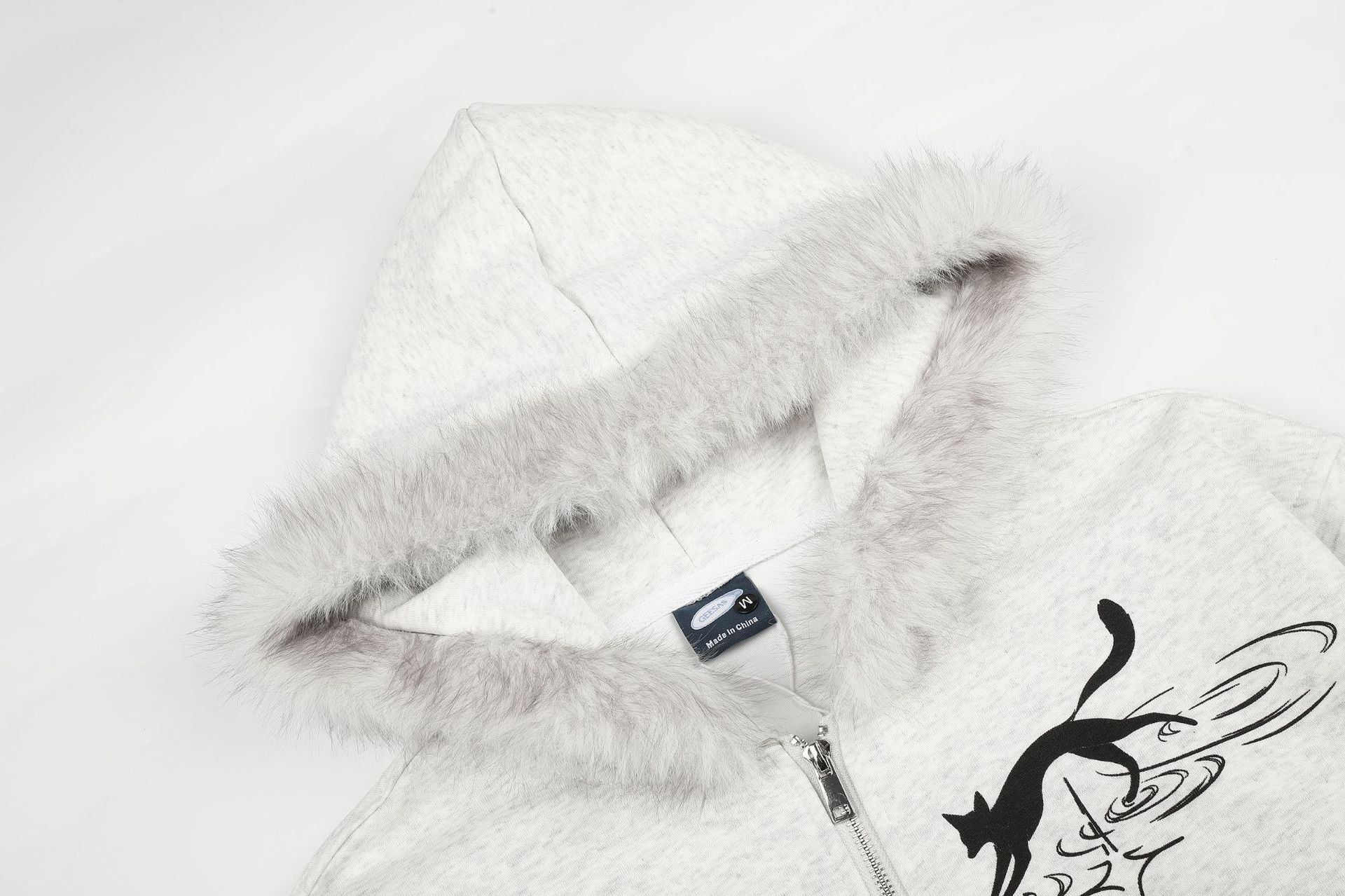 Sweat à capuche zippé à motif chat avec bordure en fausse fourrure