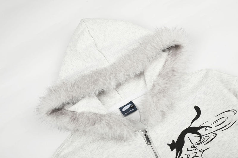 Sweat à capuche zippé à motif chat avec bordure en fausse fourrure