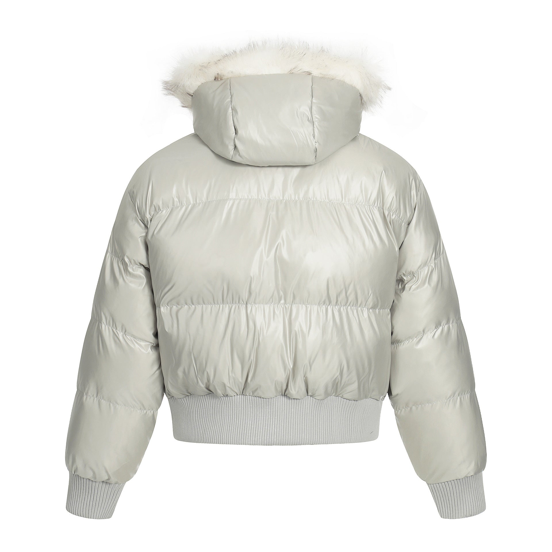 Blouson bomber matelassé court à col en fourrure – Manteau d’hiver à capuche et écussons graphiques