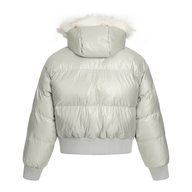 Blouson bomber matelassé court à col en fourrure – Manteau d’hiver à capuche et écussons graphiques