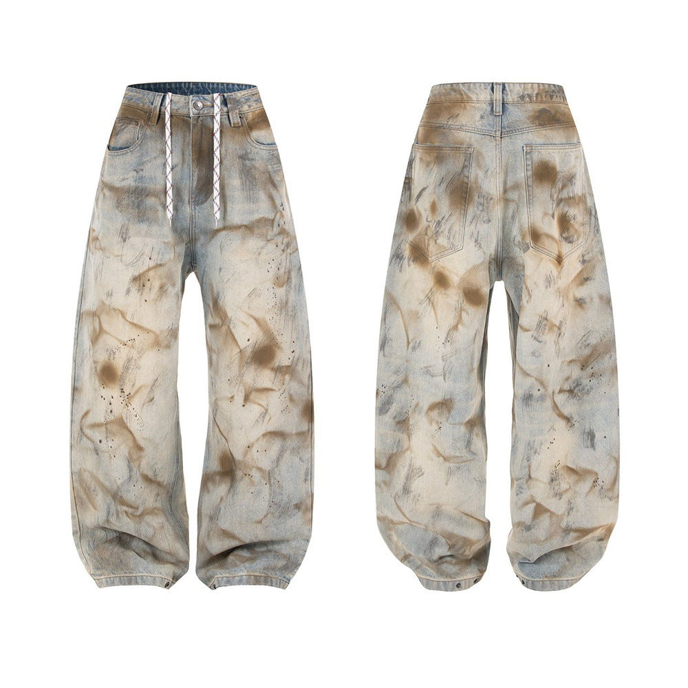 Men's baggy wide-leg tie-dye mud-wash distressed denim jeans, front and back view