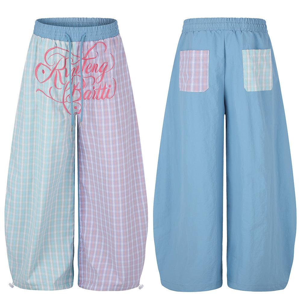 Colorblock Plaid Wide-Leg Parachute Pants with Script Embroidery