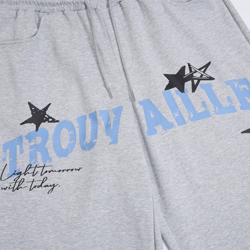 Wide-Leg Sweatpants with Plaid Double Waistband & Star Letter Print