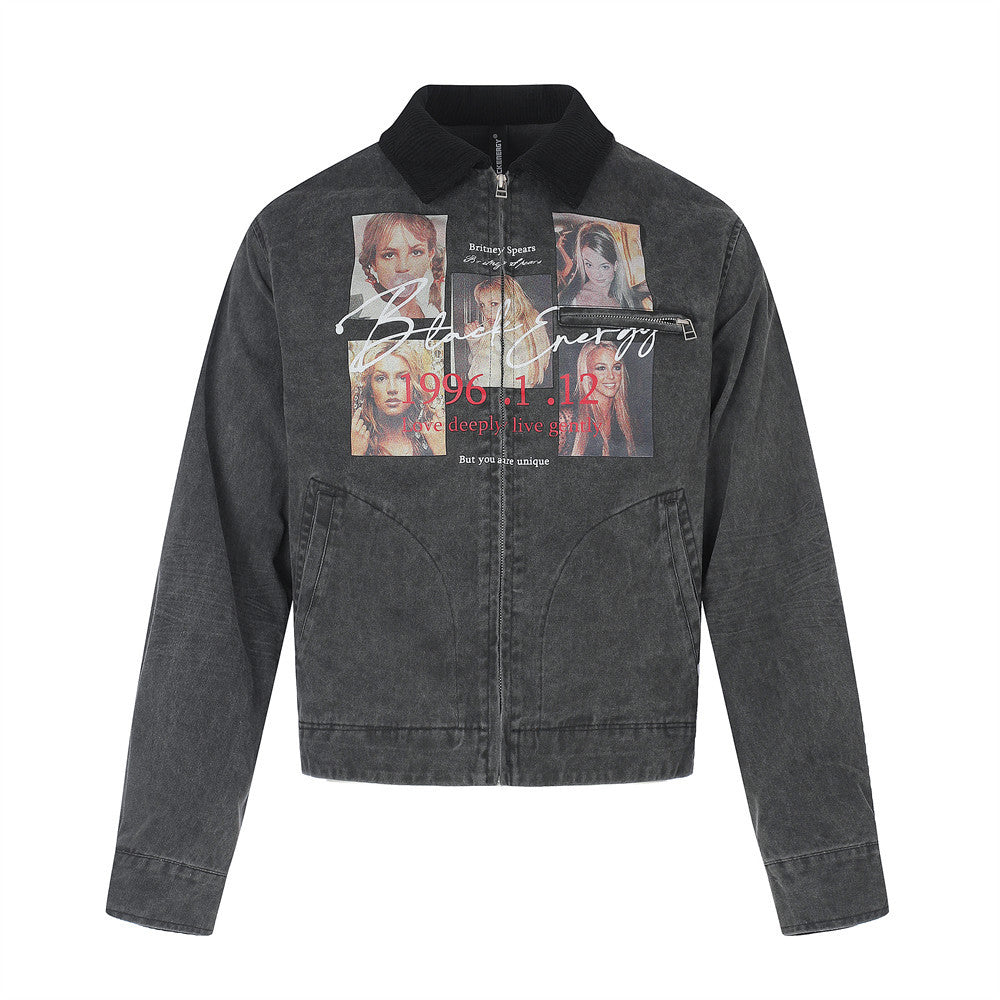 Black distressed jean jacket front view with brown collar, zip closure, and graphic photo print
