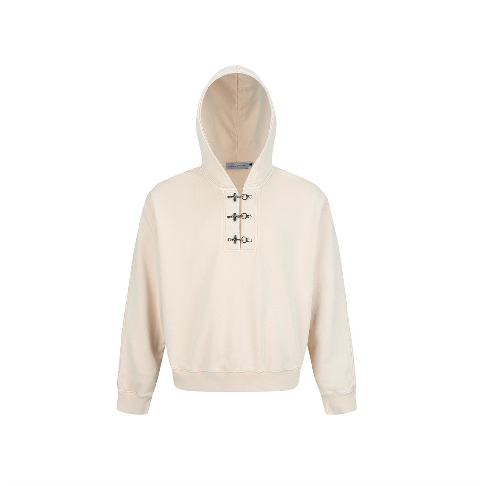Men's Metal Clasp Pullover Hoodie – Oversized Washed Fleece Sweatshirt