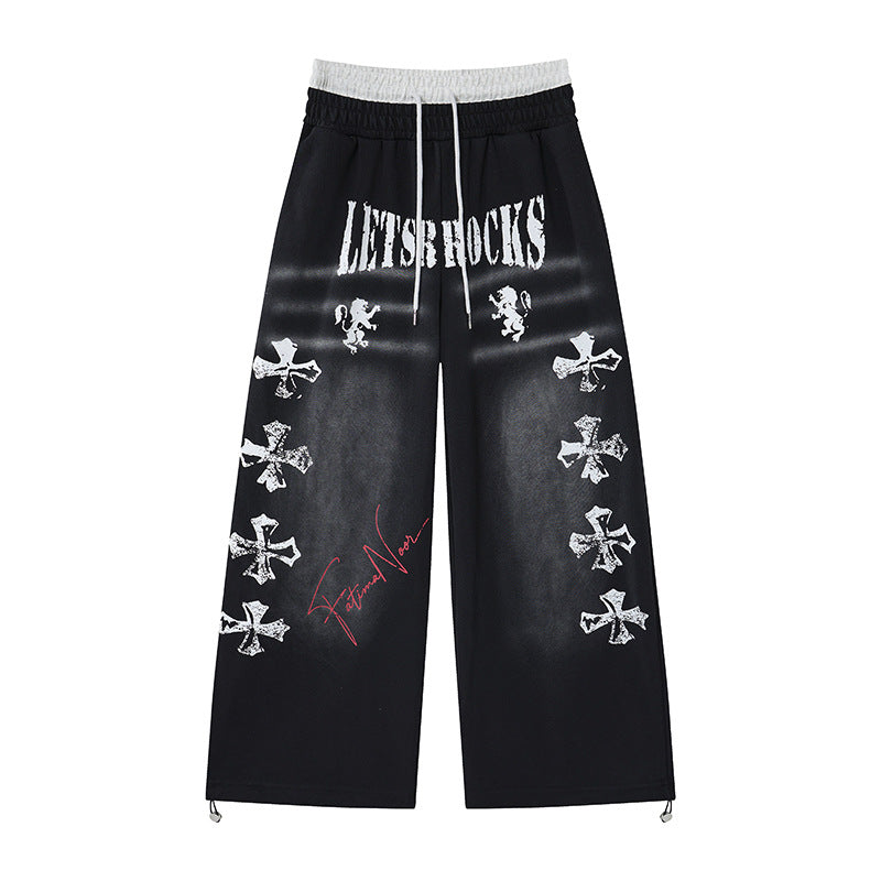 Pantalon de survêtement à jambes larges, graffiti croix et fausse double ceinture