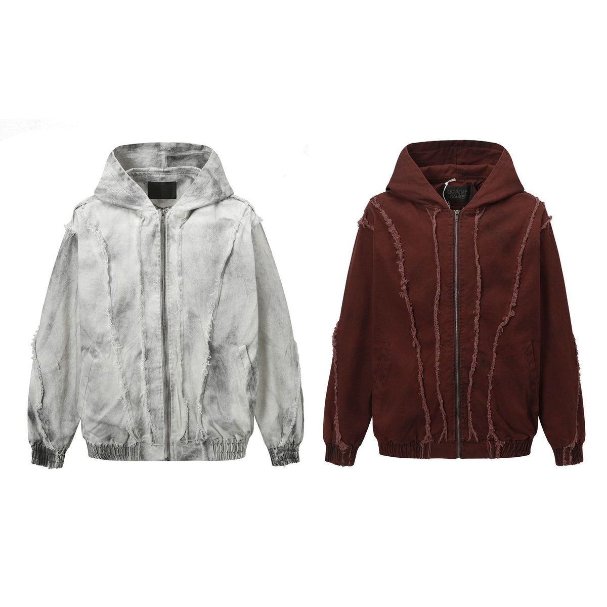 Men's Washed Distressed Zip-Up Hooded Jacket with Raw-Edge Patchwork