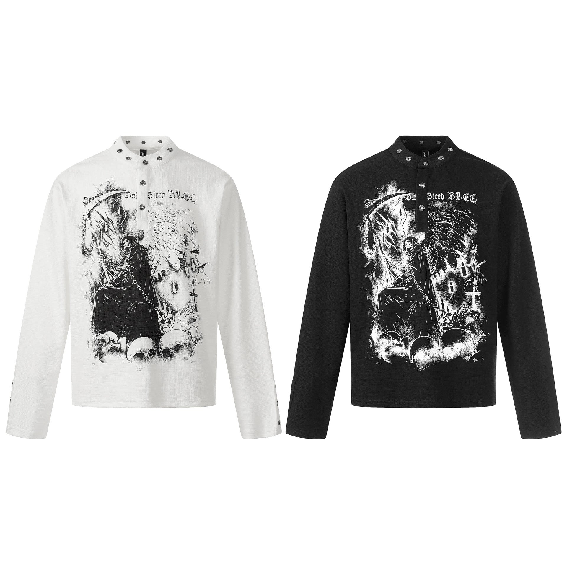 T-shirt à manches longues avec motif graphique de faucheuse gothique et col officier clouté, en blanc et noir