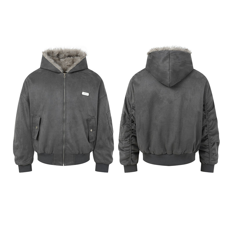 Bomber en suédine avec capuche en fausse fourrure – Manteau d’hiver oversize