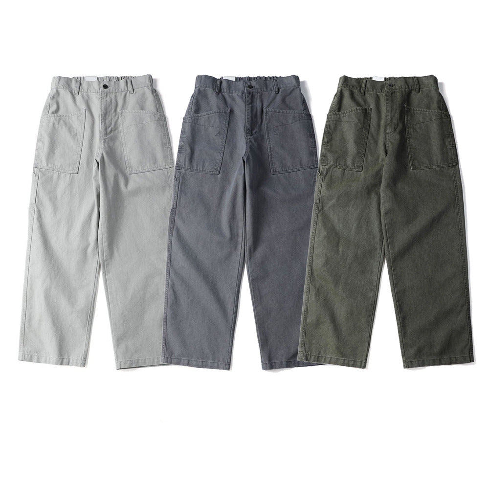 Vintage Washed Canvas Wide-Leg Utility Pants with Patch Pockets