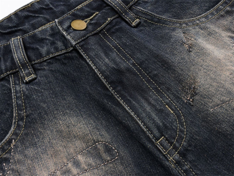 Distressed Patchwork Wide-Leg Jeans – Baggy Ripped Denim with Washed Finish