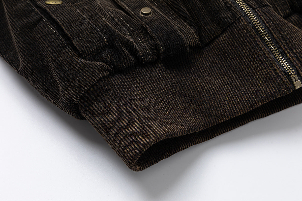 Corduroy Bomber Jacket with Shearling Collar & Gold Hardware – Dark Brown