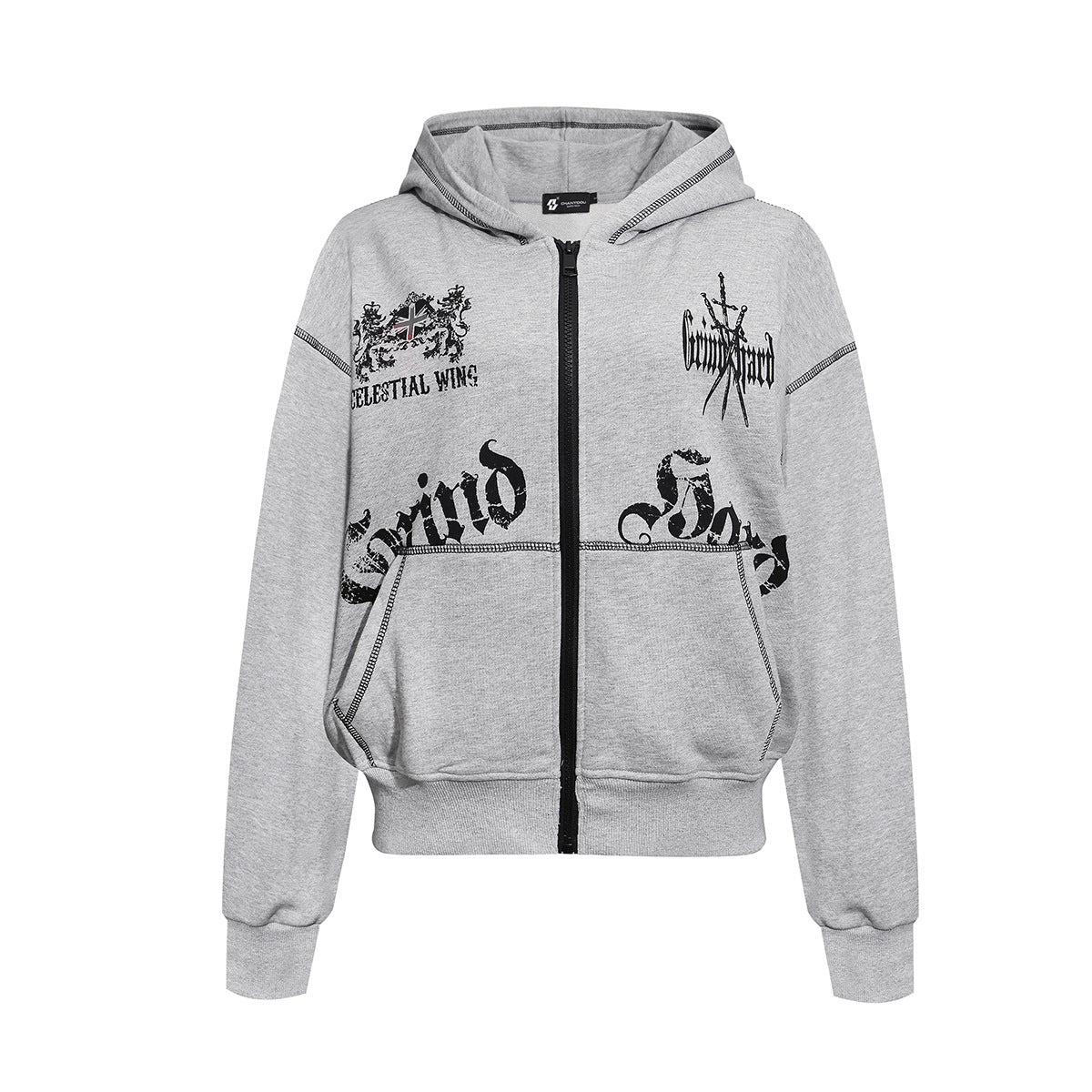Sweat à capuche zippé gris chiné avec inscription gothique Grind Hard en lettres blackletter et blason héraldique, coutures contrastantes en point de chaînette, vue de face et de dos