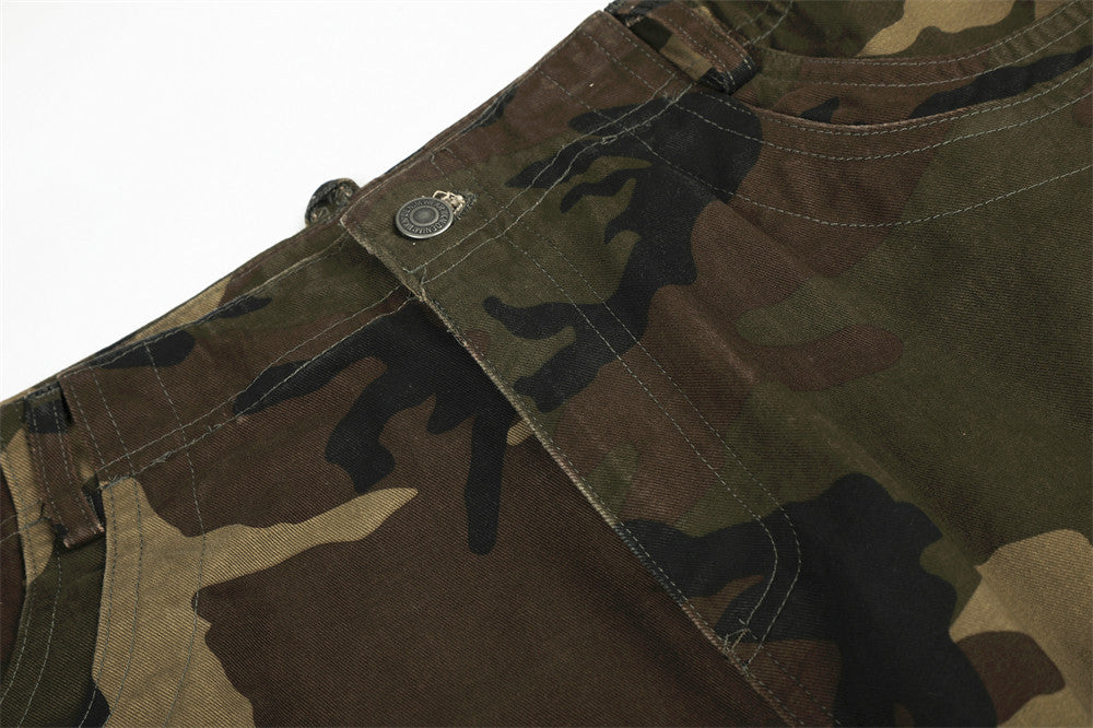 Camo Cargo Pants Wide-Leg Multi-Pocket Zip-Hem Trousers